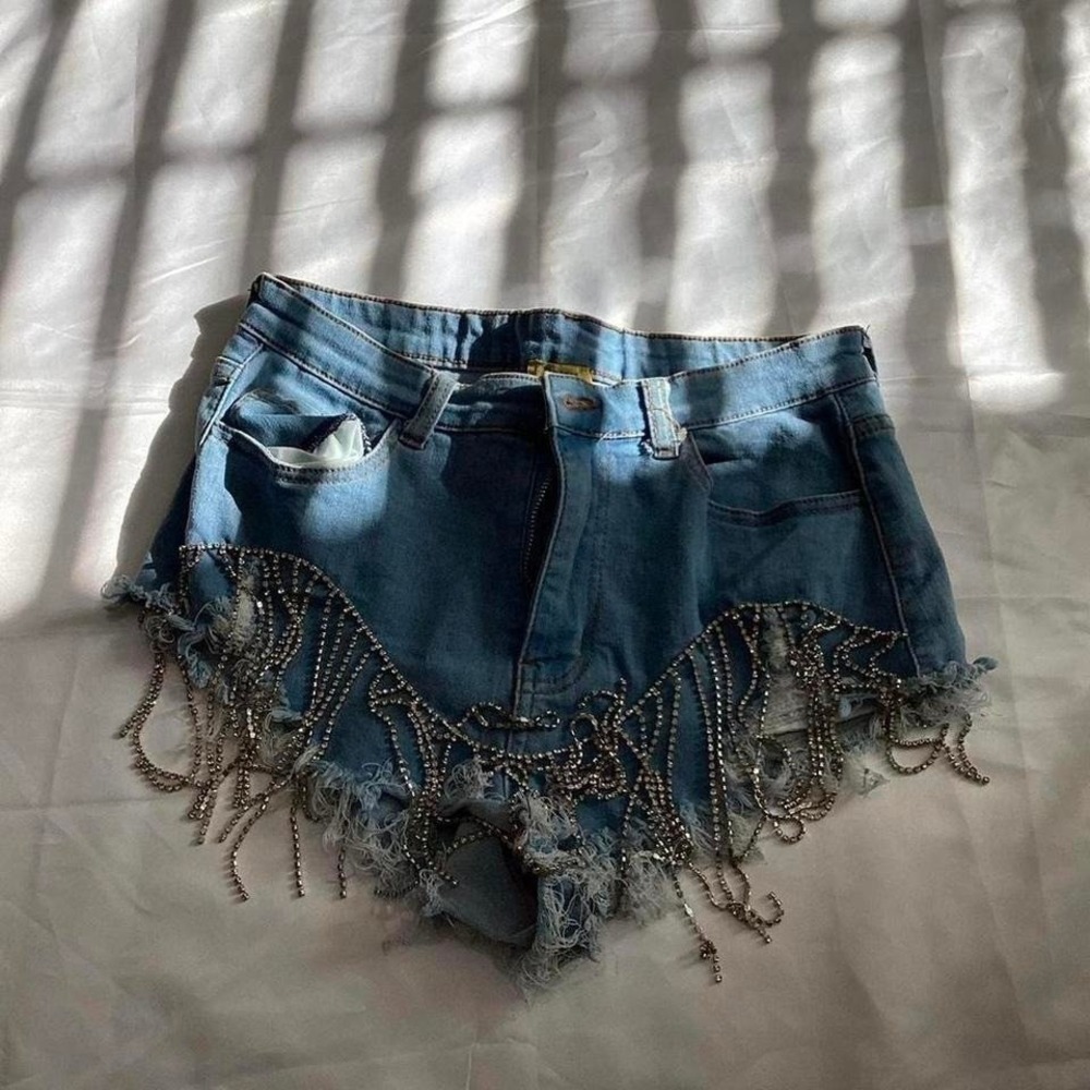 Rhinestone Fringe Denim Shorts Y2K Cowgirl Festival Size M